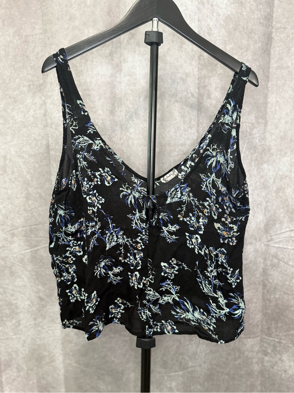 Floral V-Neck Tie-Front Tank Top - Black/Blue 100% Rayon